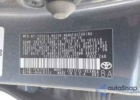 2018 Toyota Corolla Le из США, поврежденный, VIN 5YFBURHE9JP843722